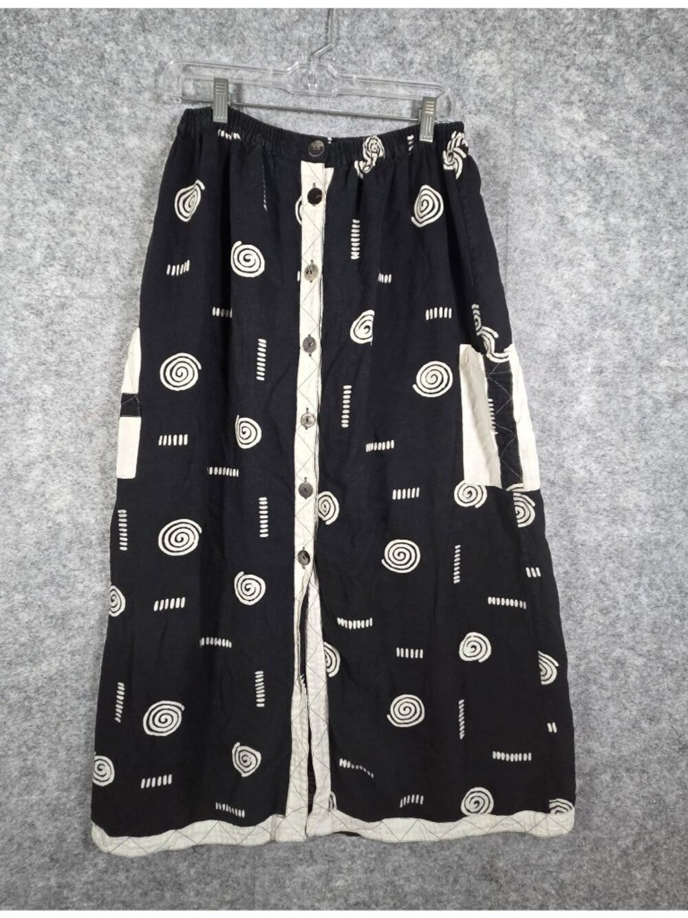 Simple People Midi Skirt Black Polka Dot Stripe Button Front Lagenlook Size L - Picture 9 of 11